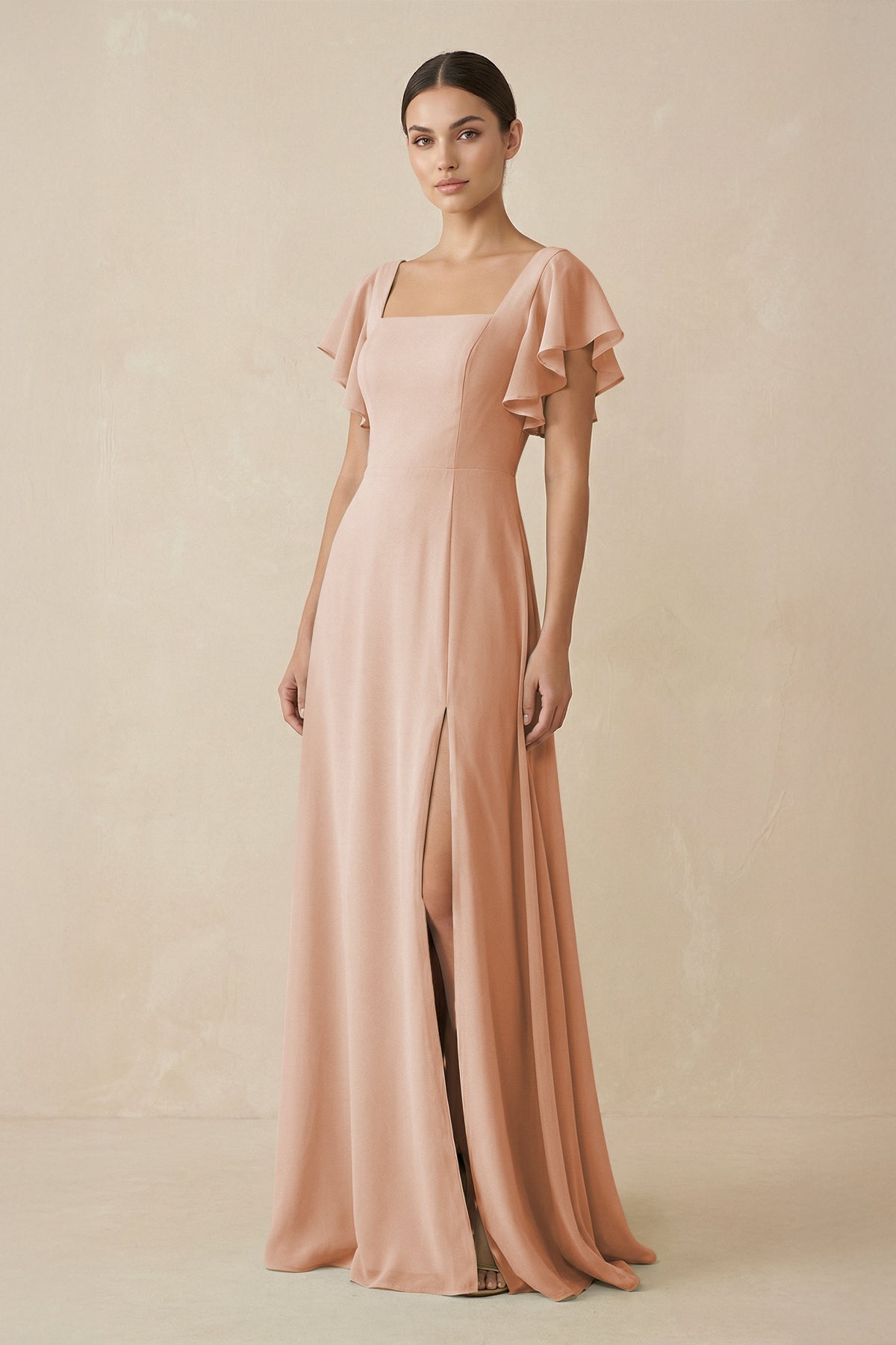bridesmaid dresses champagne rose Chiffon A-Line Long Dress with Flutter Sleeves in Color:Ivory Babyblue Polkadot