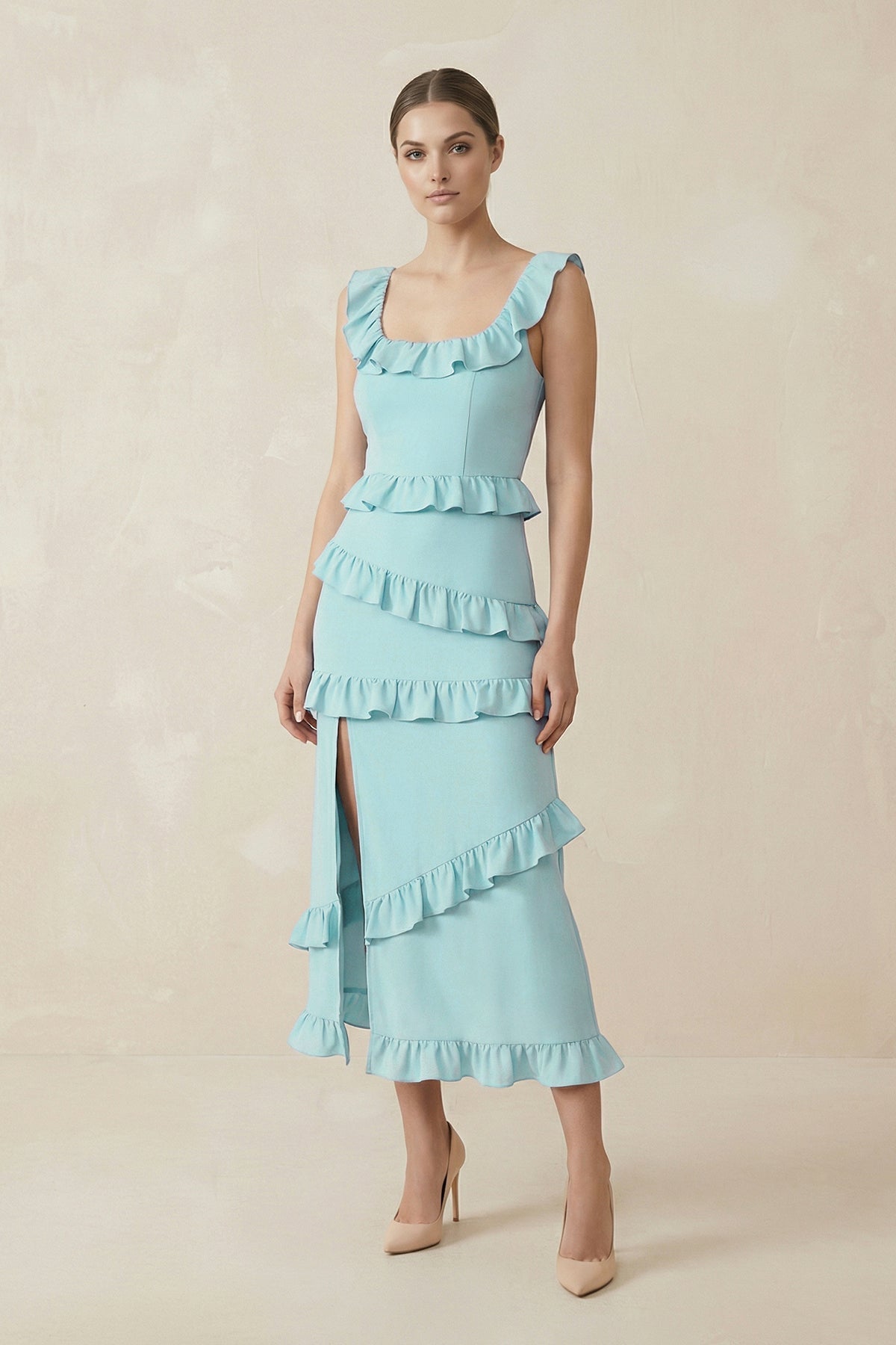 Square Neck Ruffled Sheath Satin Midi Bridesmaid Dress in Bleached Aqua