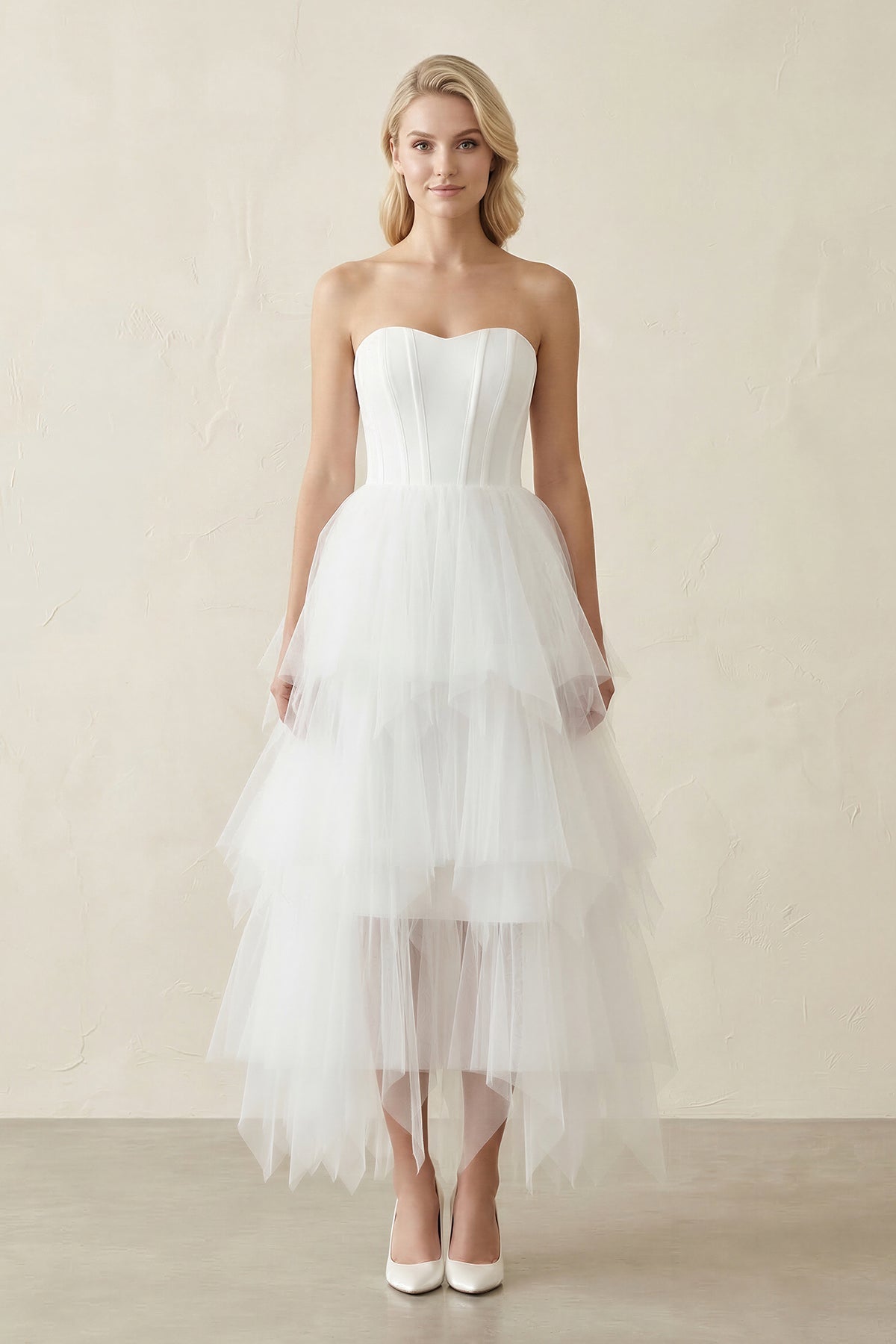 Strapless Corset Tulle Ruffled Midi Wedding Dress in White – SHEISME wholesale