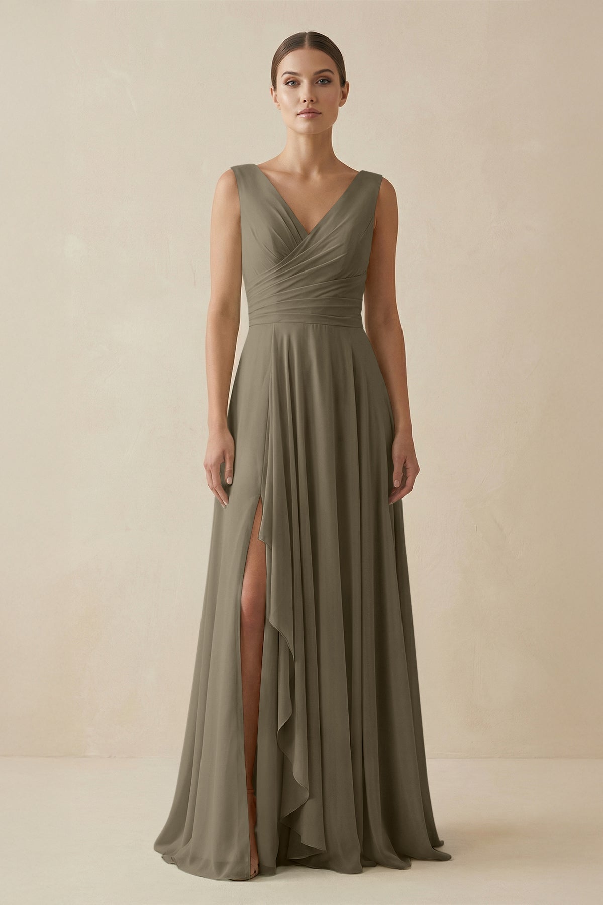 willow green dress V-Neck A-Line Chiffon Ruffled Bridesmaid in – SHEISME wholesale where to buy beach clothes and ties at the FASHION | 13 SHOWSTOPPING Color:TAN LEATHER