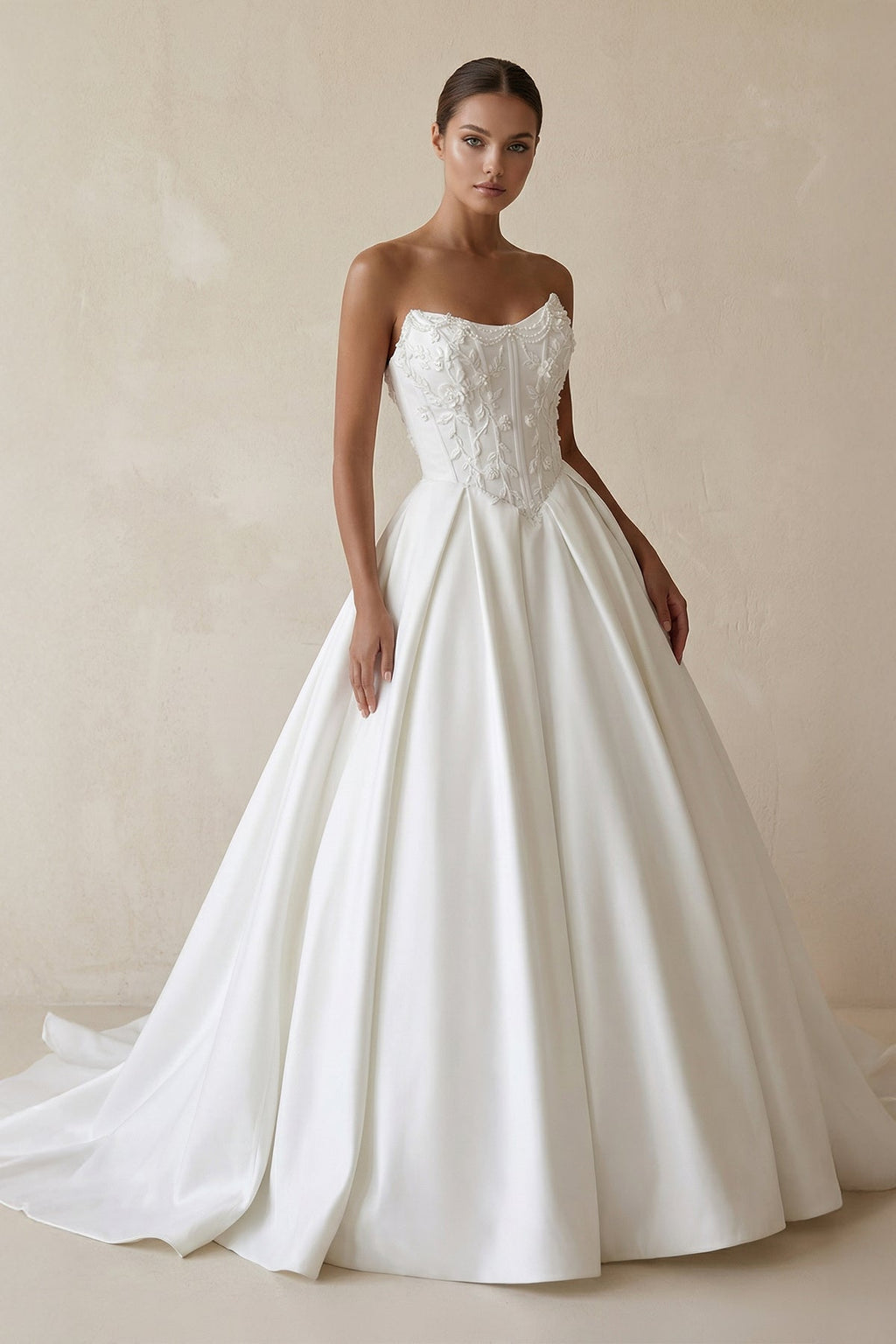 3D Floral Strapless Corset Satin Wedding Gown in White - SHE IS ME Wedding Dresses