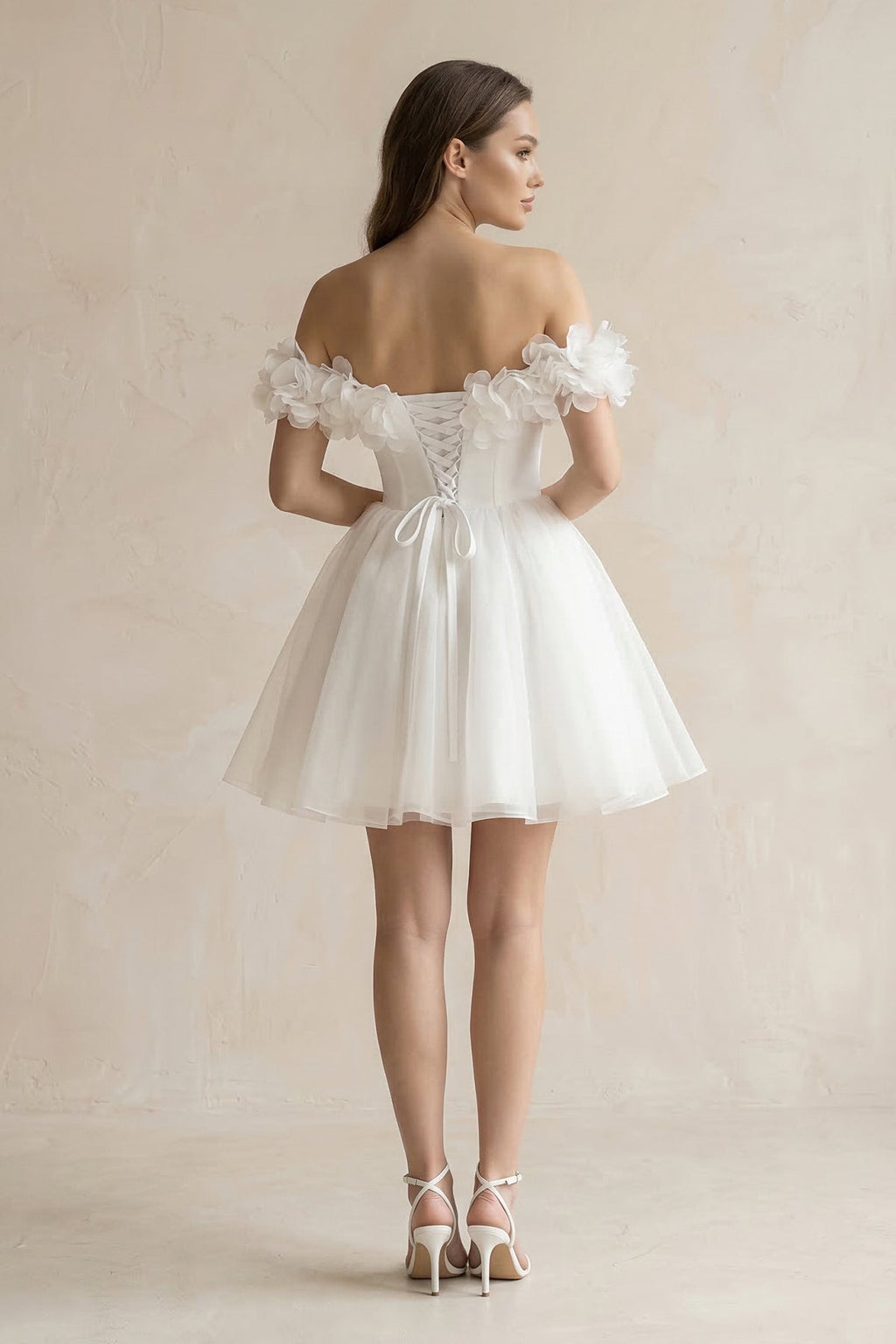 3D - Flower Off - the - Shoulder A - Line Tulle Wedding Dress in Ivory - SHE IS ME Wedding Dresses