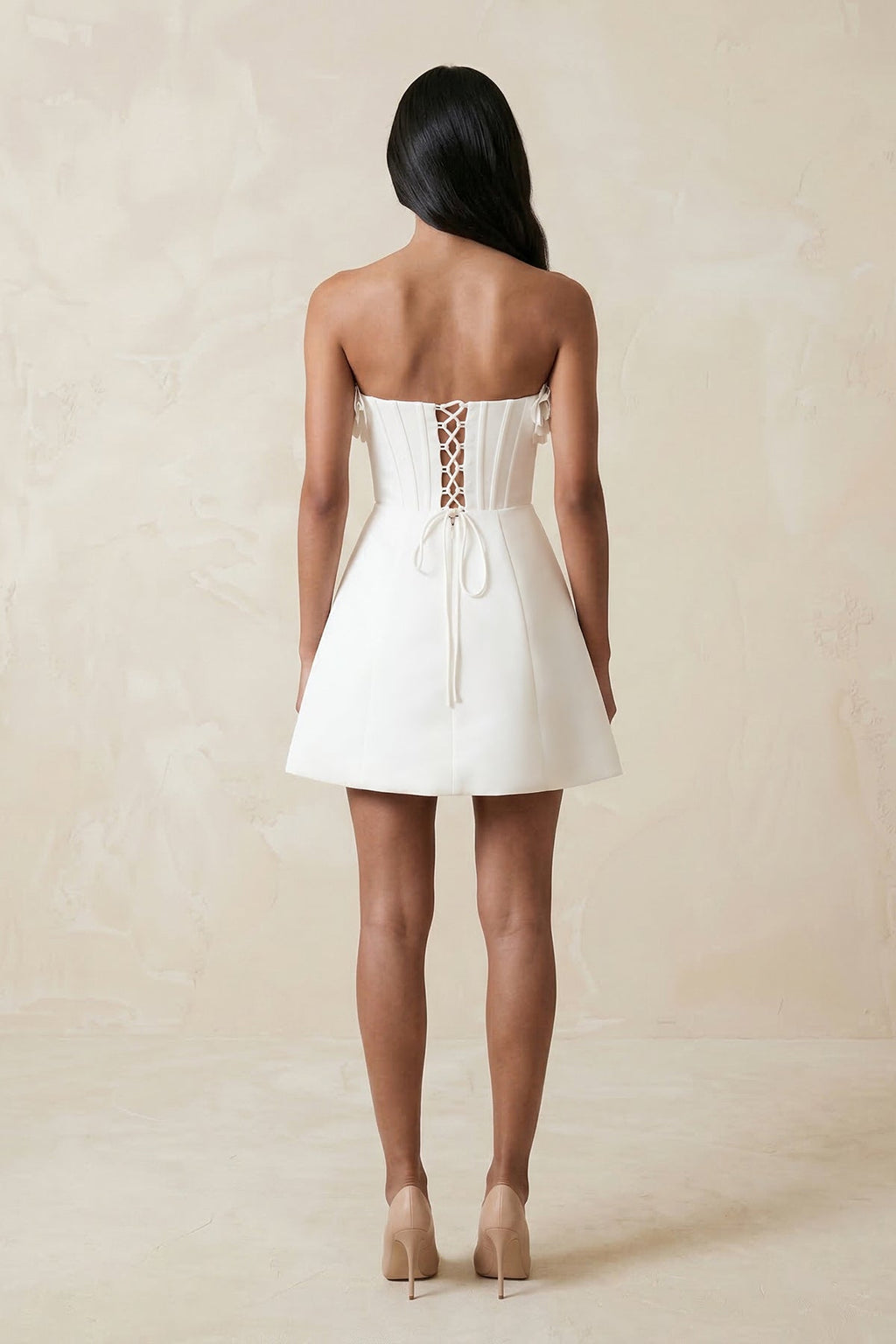 3D Flower Strapless Corset A - Line Crepe Wedding Dress in White - SHE IS ME Wedding Dresses