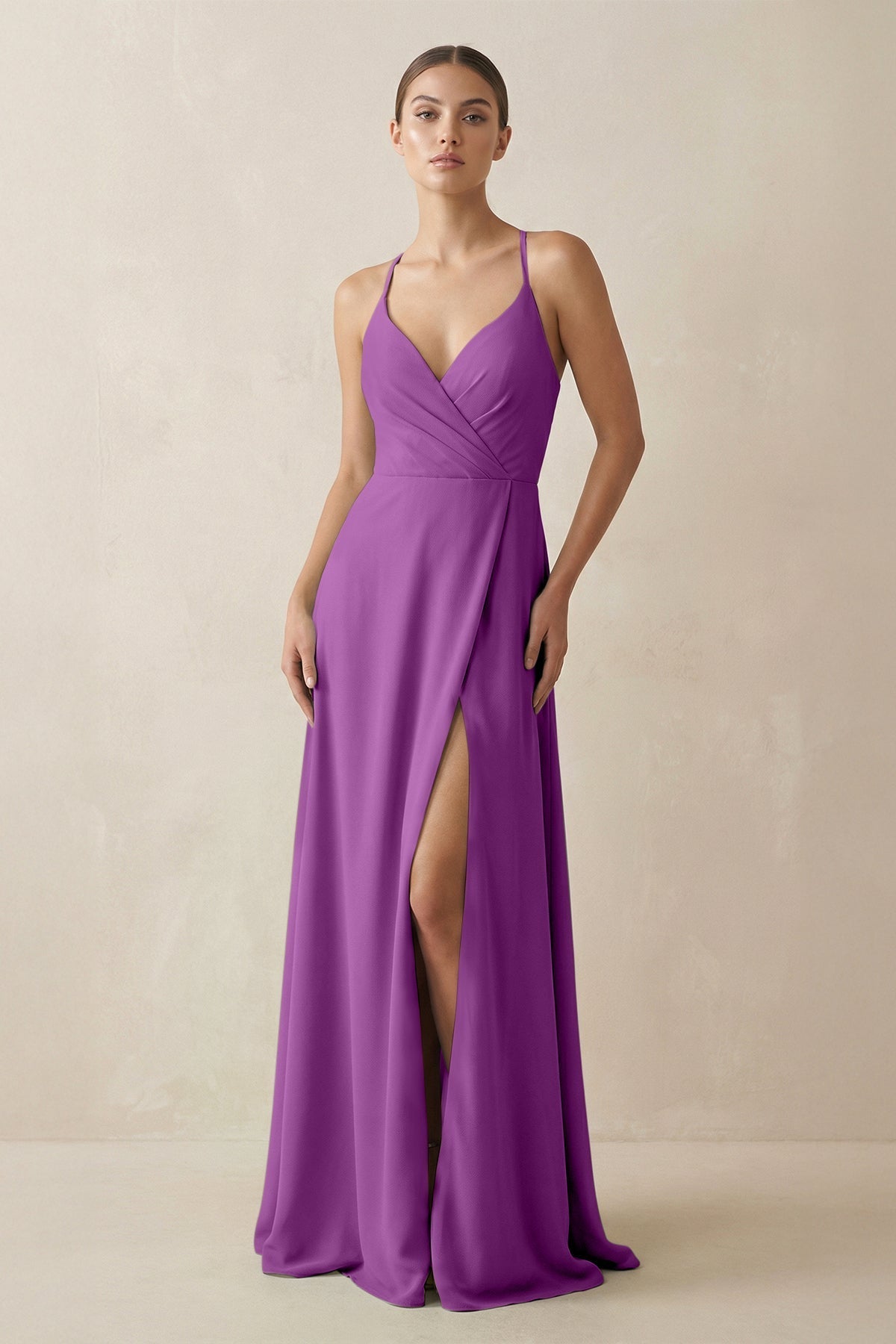 A - Line Chiffon Long Bridesmaid Dress With Slit in Amethyst - SHE IS ME