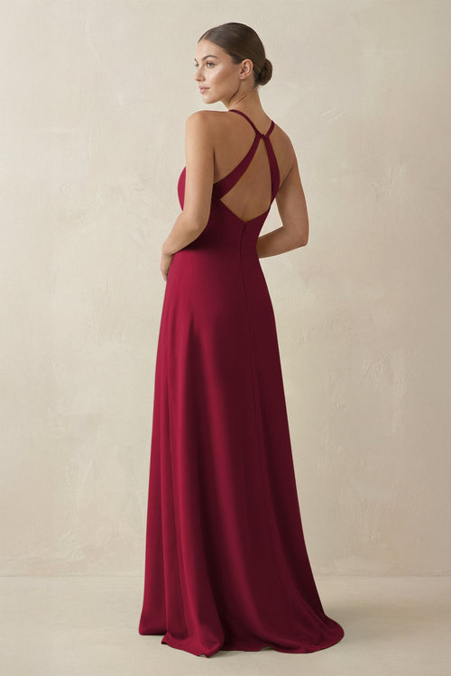 A - Line Chiffon Long Bridesmaid Dress With Slit in Berry - SHE IS ME