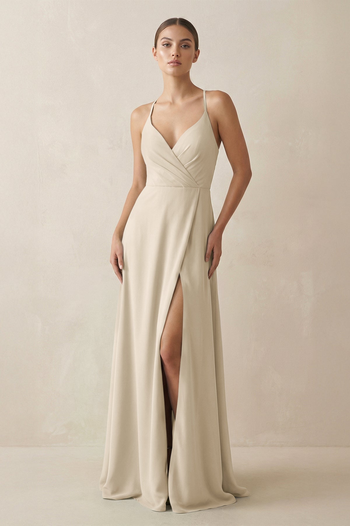 A - Line Chiffon Long Bridesmaid Dress With Slit in Champagne - SHE IS ME
