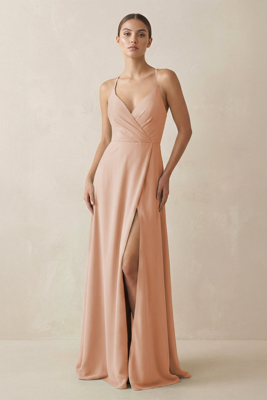 A - Line Chiffon Long Bridesmaid Dress With Slit in Champagne Rose - SHE IS ME