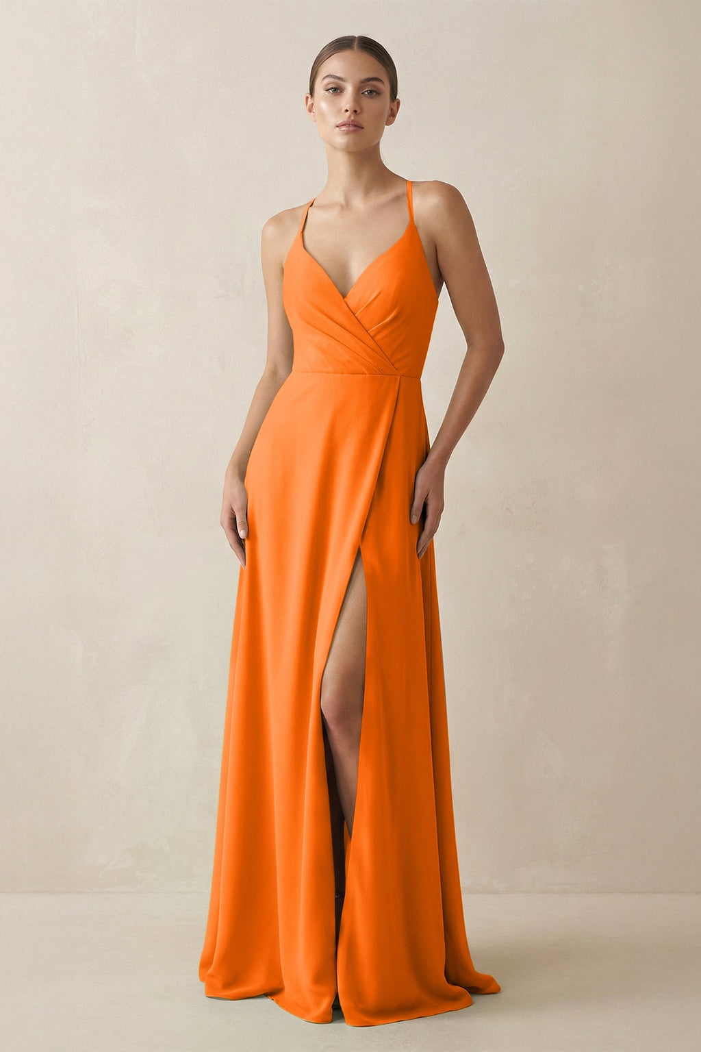 A - Line Chiffon Long Bridesmaid Dress With Slit in Cinnamon - SHE IS ME