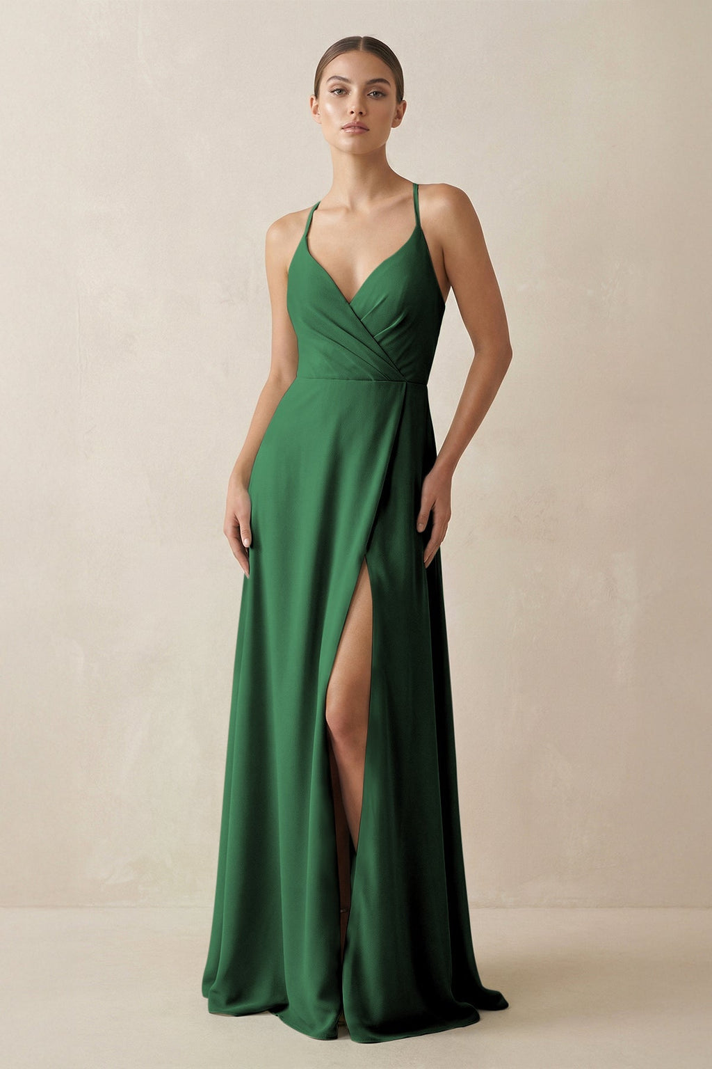 A - Line Chiffon Long Bridesmaid Dress With Slit in Dark Green - SHE IS ME