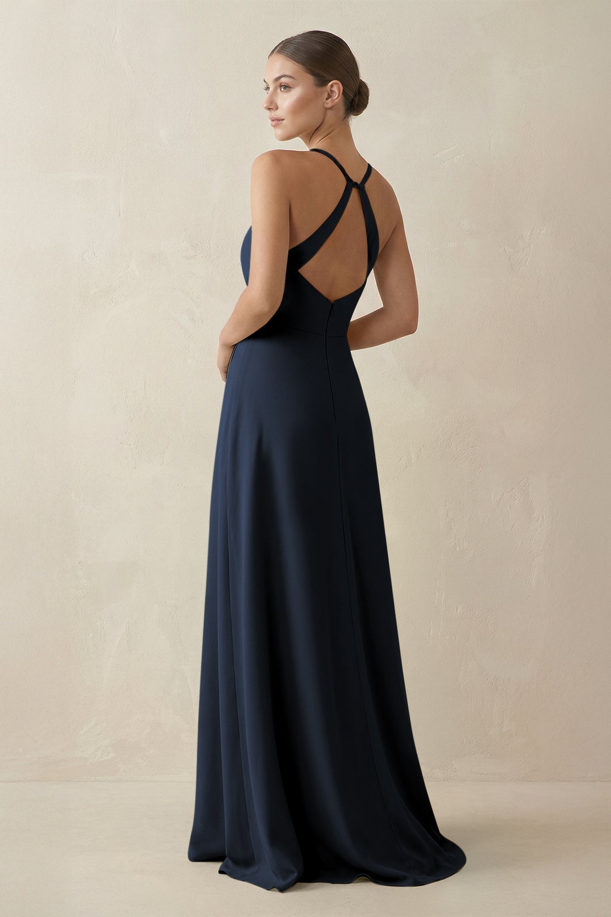 A - Line Chiffon Long Bridesmaid Dress With Slit in Dark Navy - SHE IS ME