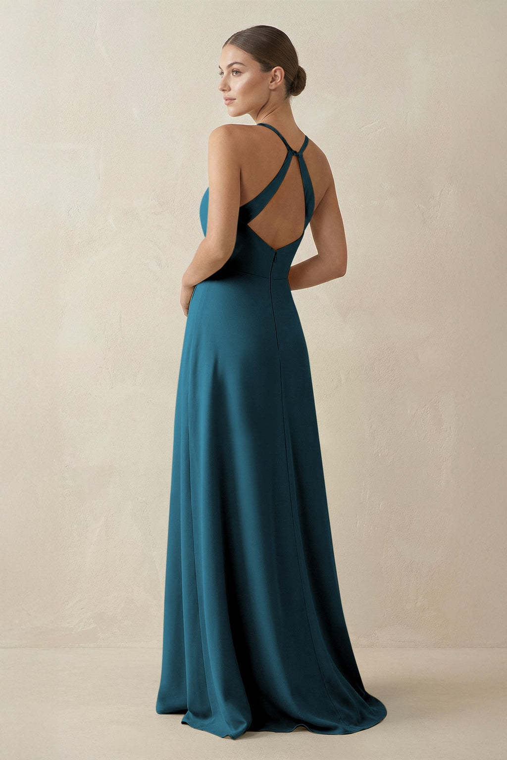 A - Line Chiffon Long Bridesmaid Dress With Slit in Dark Teal - SHE IS ME