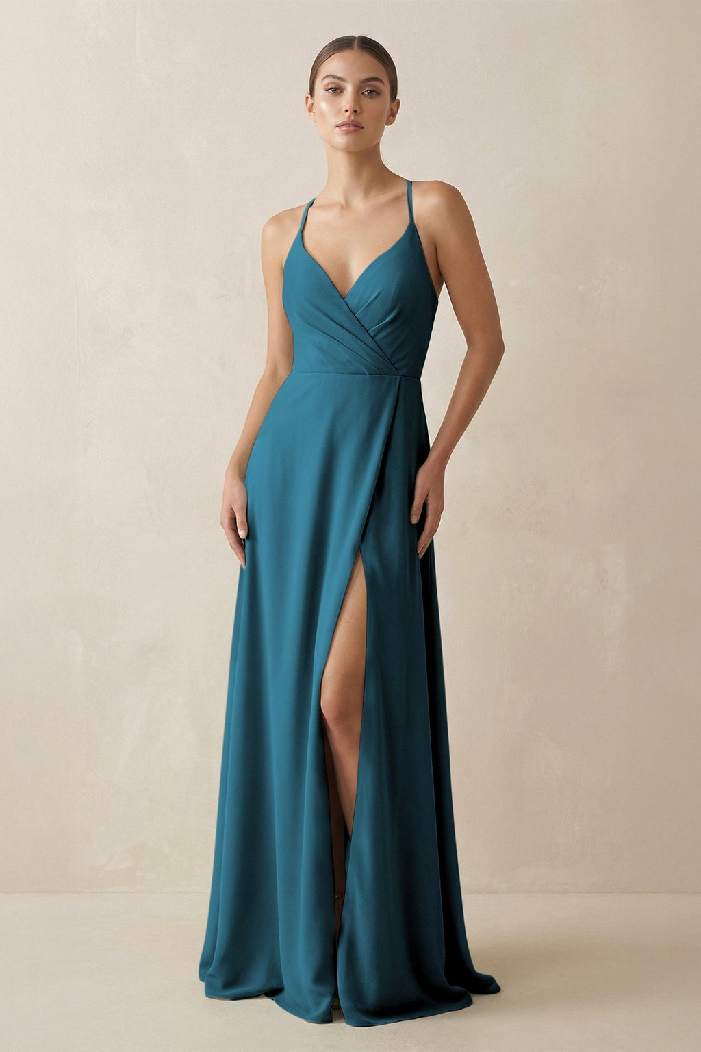 A - Line Chiffon Long Bridesmaid Dress With Slit in Dark Teal - SHE IS ME