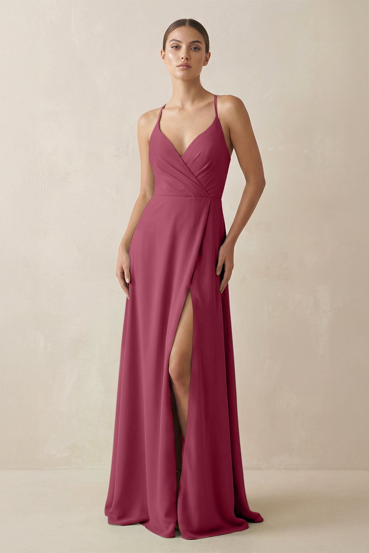 A - Line Chiffon Long Bridesmaid Dress With Slit in Desert Rose - SHE IS ME