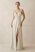 A - Line Chiffon Long Bridesmaid Dress With Slit in Dove Gray - SHE IS ME