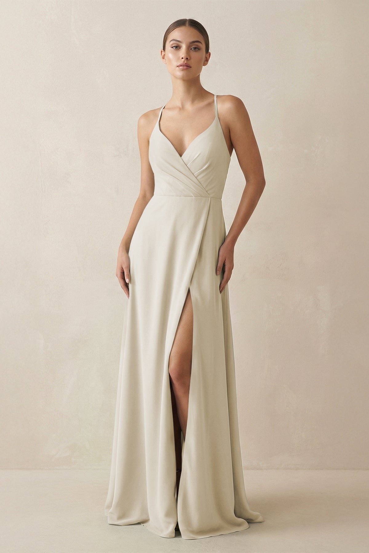 A - Line Chiffon Long Bridesmaid Dress With Slit in Dove Gray - SHE IS ME