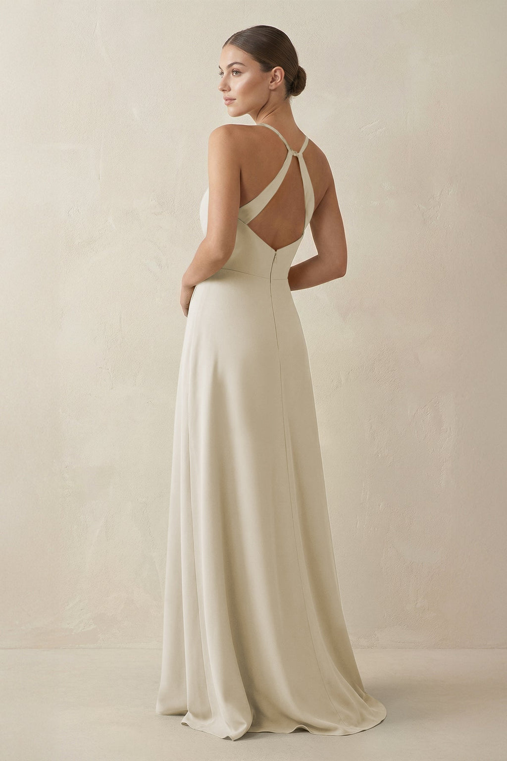 A - Line Chiffon Long Bridesmaid Dress With Slit in Dove Gray - SHE IS ME