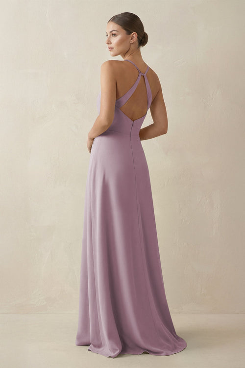 A - Line Chiffon Long Bridesmaid Dress With Slit in Dusk - SHE IS ME