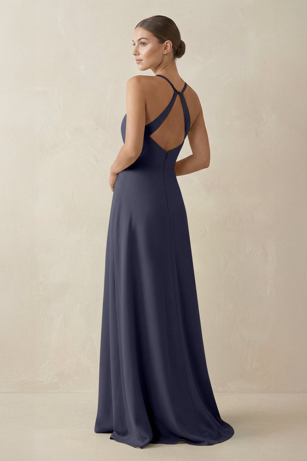 A - Line Chiffon Long Bridesmaid Dress With Slit in Dusk Blue - SHE IS ME