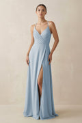 A - Line Chiffon Long Bridesmaid Dress With Slit in Dusty Blue - SHE IS ME