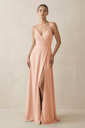 A - Line Chiffon Long Bridesmaid Dress With Slit in English Rose - SHE IS ME
