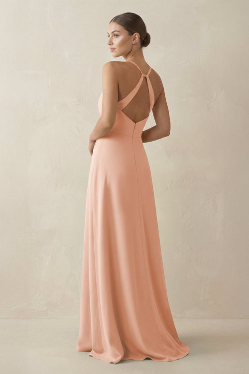 A - Line Chiffon Long Bridesmaid Dress With Slit in English Rose - SHE IS ME