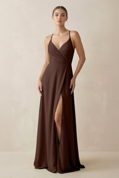A - Line Chiffon Long Bridesmaid Dress With Slit in Espresso - SHE IS ME