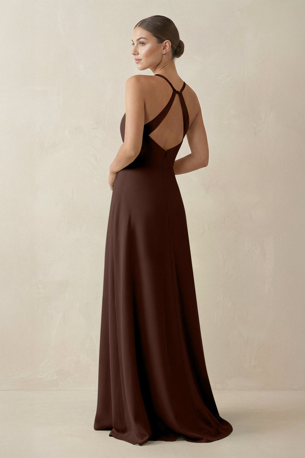 A - Line Chiffon Long Bridesmaid Dress With Slit in Espresso - SHE IS ME