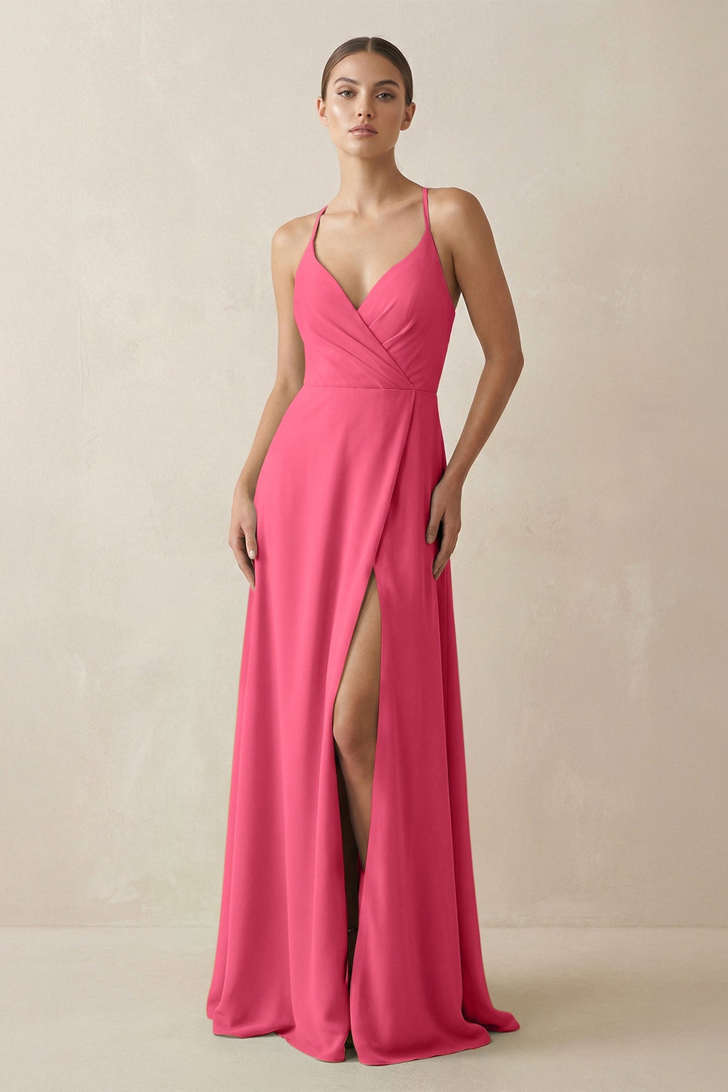 A - Line Chiffon Long Bridesmaid Dress With Slit in Fuchsia - SHE IS ME