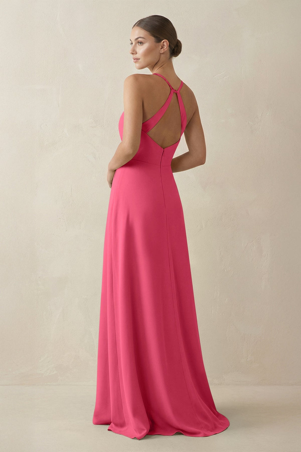 A - Line Chiffon Long Bridesmaid Dress With Slit in Fuchsia - SHE IS ME