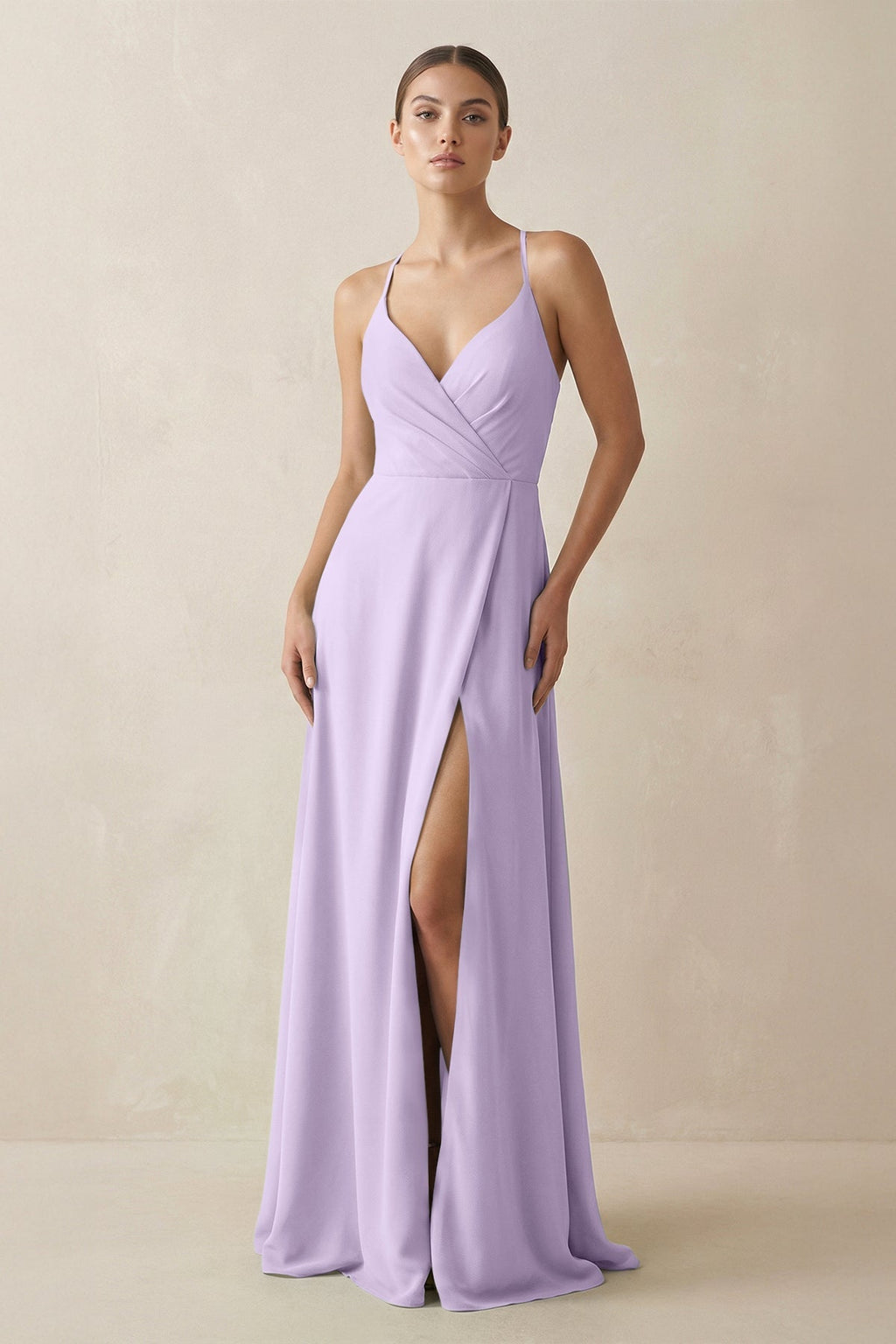 A - Line Chiffon Long Bridesmaid Dress With Slit in Lavender - SHE IS ME