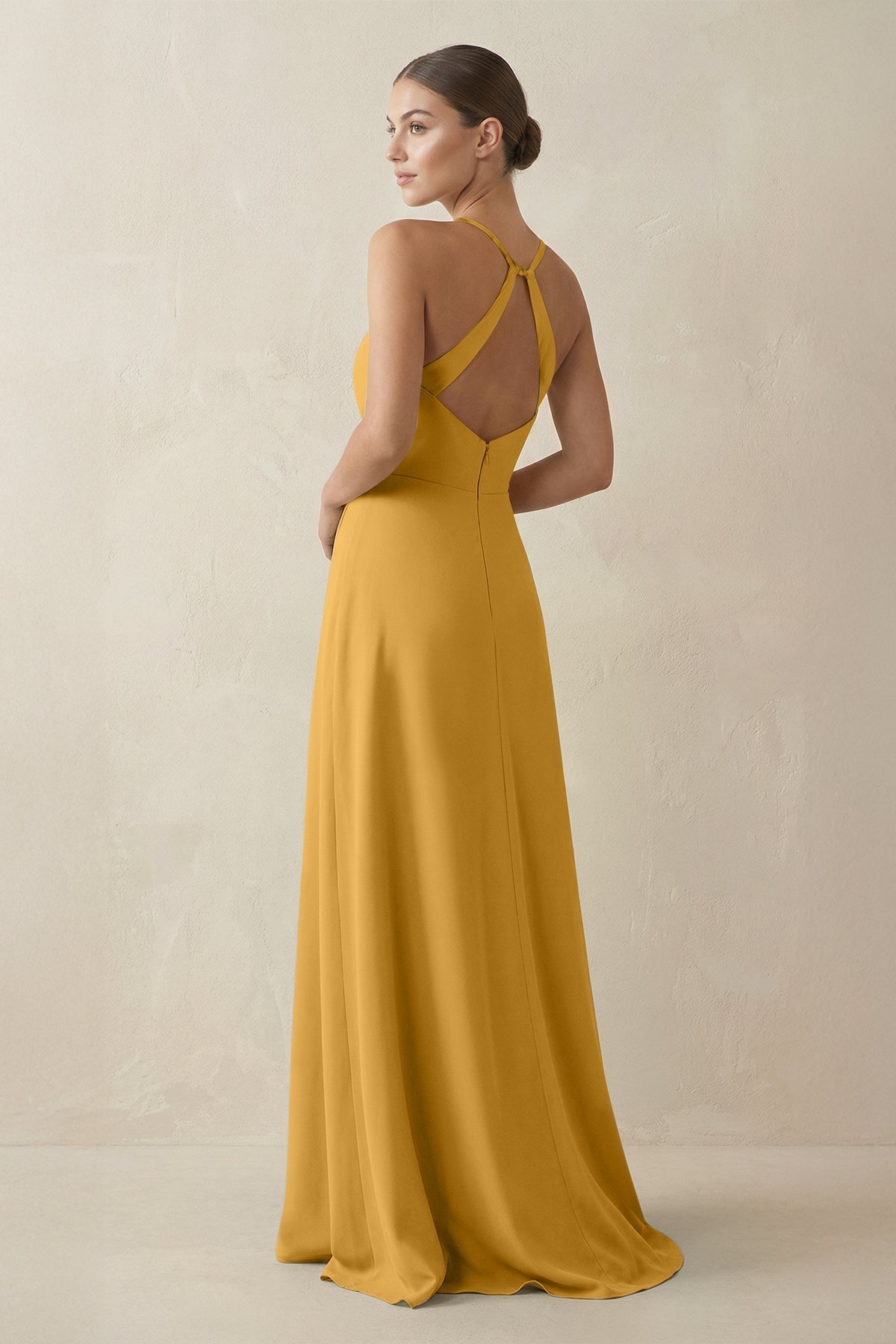 A - Line Chiffon Long Bridesmaid Dress With Slit in Marigold - SHE IS ME
