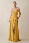 A - Line Chiffon Long Bridesmaid Dress With Slit in Marigold - SHE IS ME