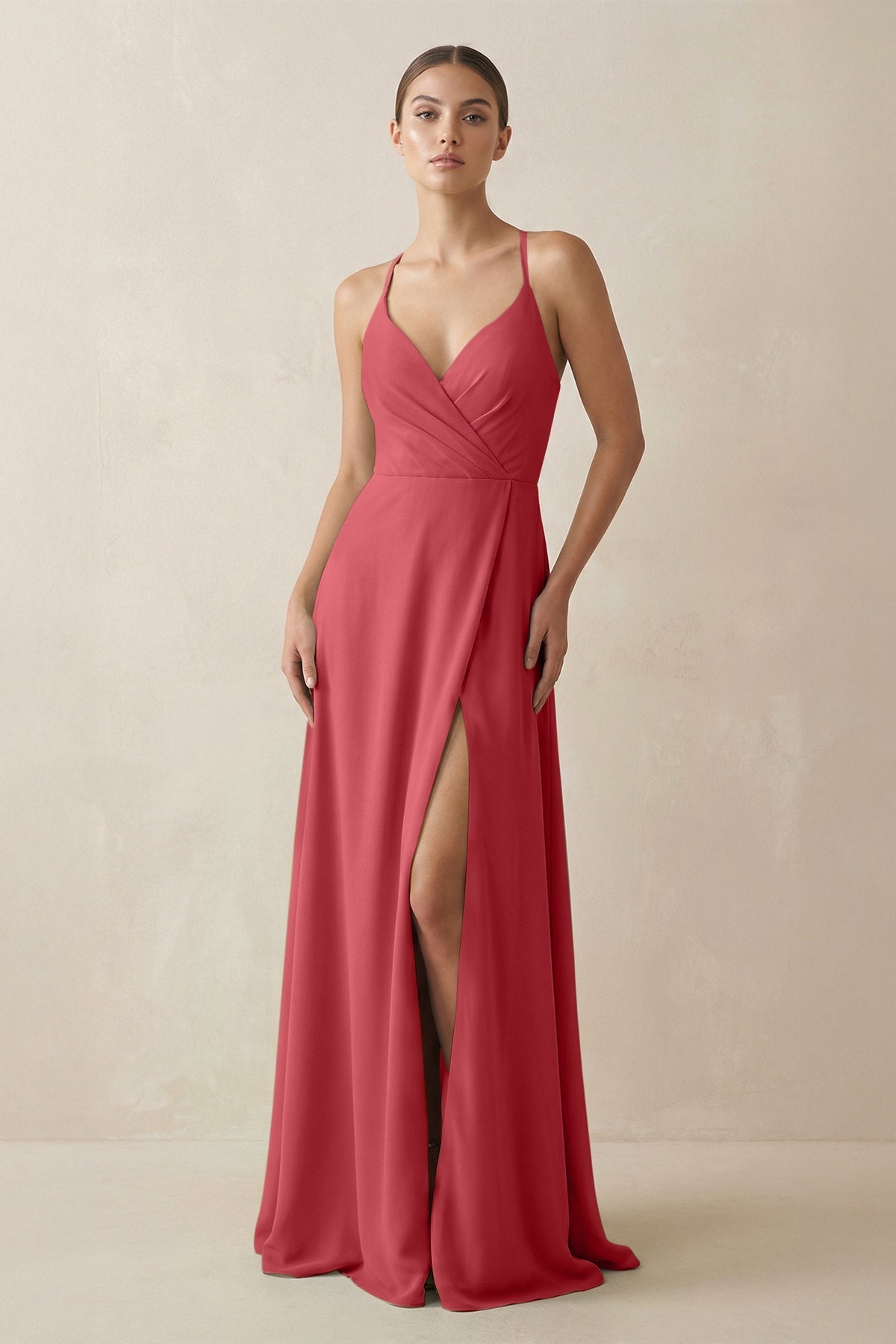 A - Line Chiffon Long Bridesmaid Dress With Slit in Merlot - SHE IS ME