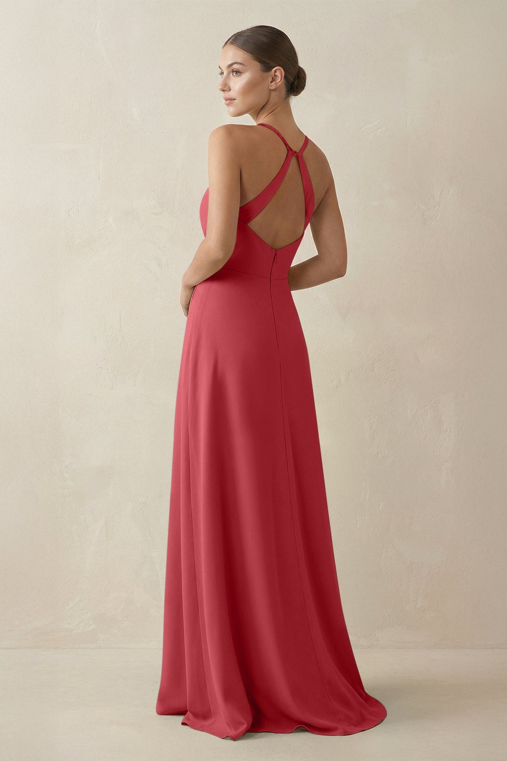 A - Line Chiffon Long Bridesmaid Dress With Slit in Merlot - SHE IS ME