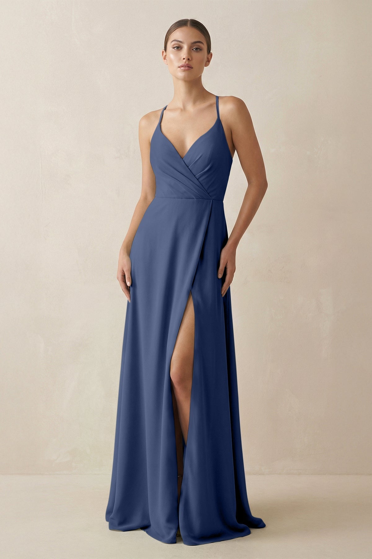 A - Line Chiffon Long Bridesmaid Dress With Slit in Navy - SHE IS ME