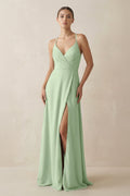 A - Line Chiffon Long Bridesmaid Dress With Slit in Sage - SHE IS ME