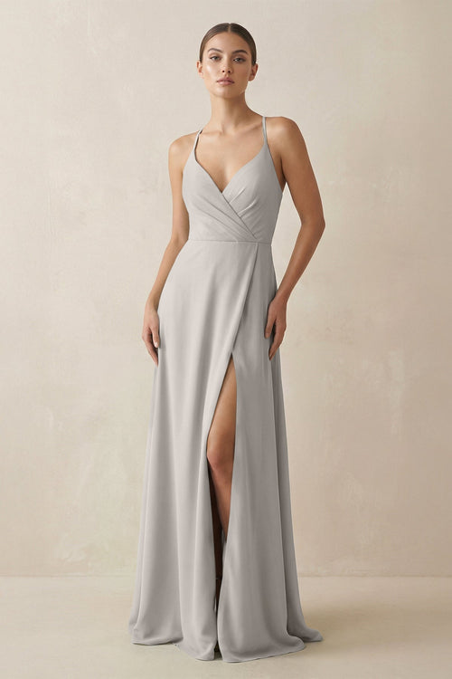 A - Line Chiffon Long Bridesmaid Dress With Slit in Silver - SHE IS ME