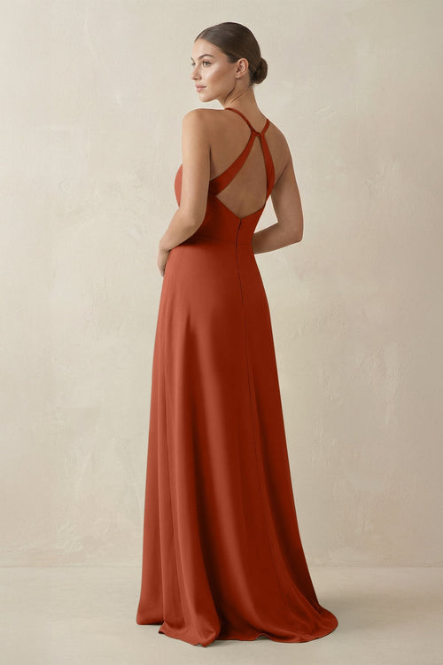 A - Line Chiffon Long Bridesmaid Dress With Slit in Spice - SHE IS ME