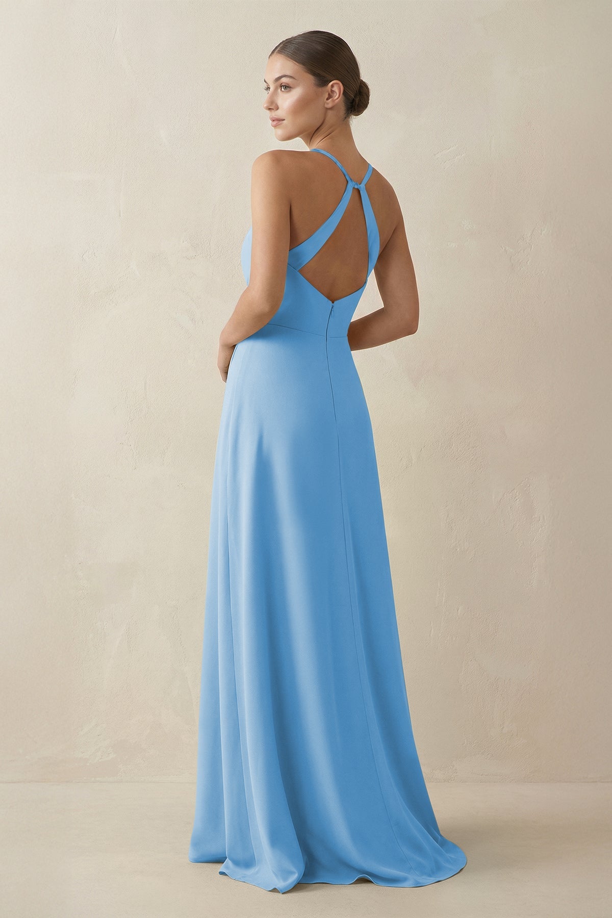 A - Line Chiffon Long Bridesmaid Dress With Slit in Steel Blue - SHE IS ME