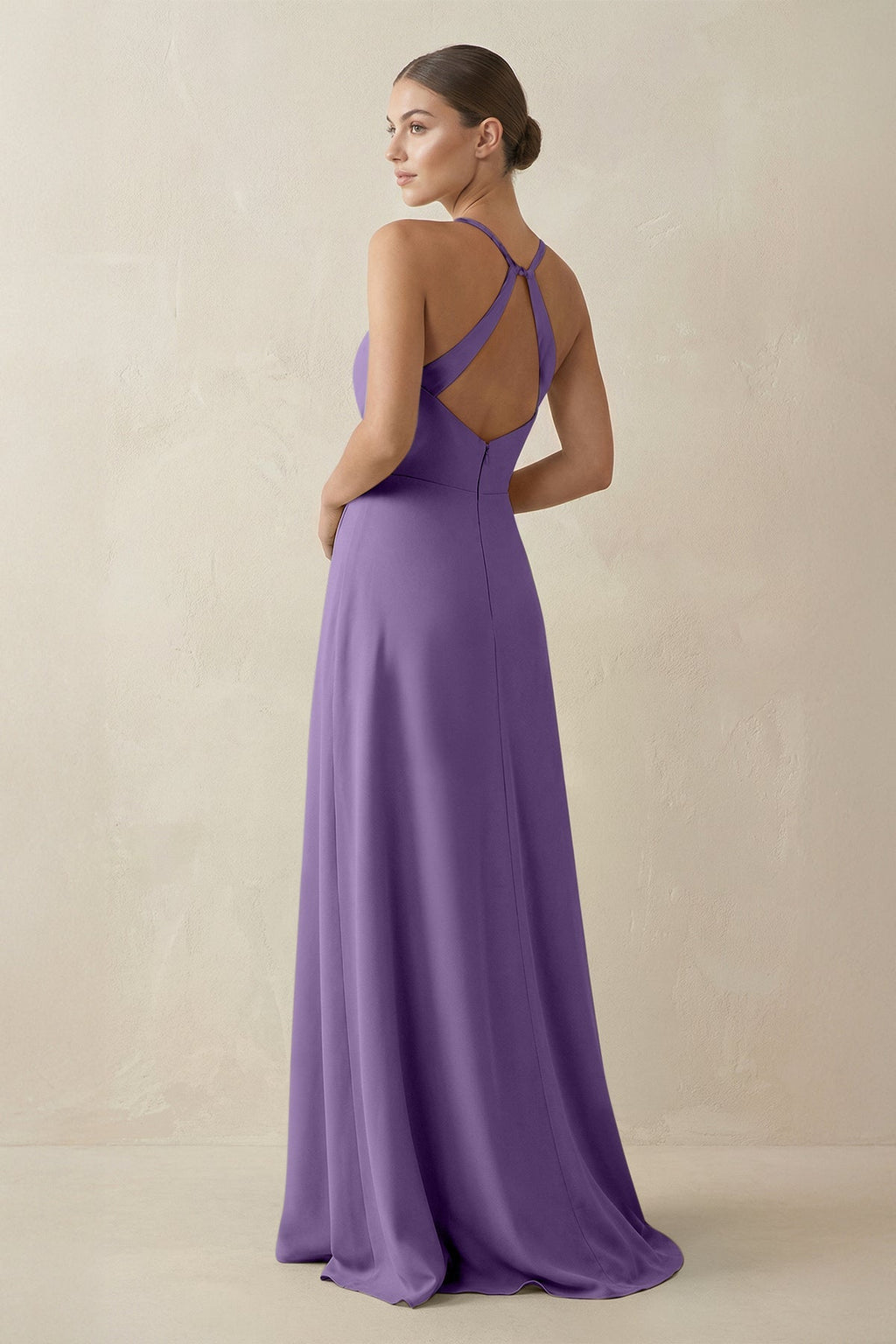 A - Line Chiffon Long Bridesmaid Dress With Slit in Tahiti - SHE IS ME