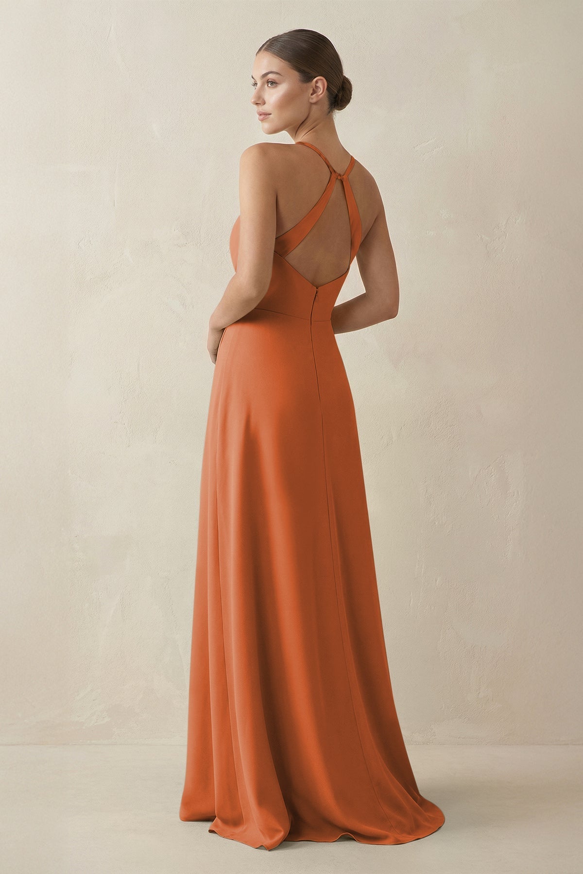 A - Line Chiffon Long Bridesmaid Dress With Slit in Terracotta - SHE IS ME
