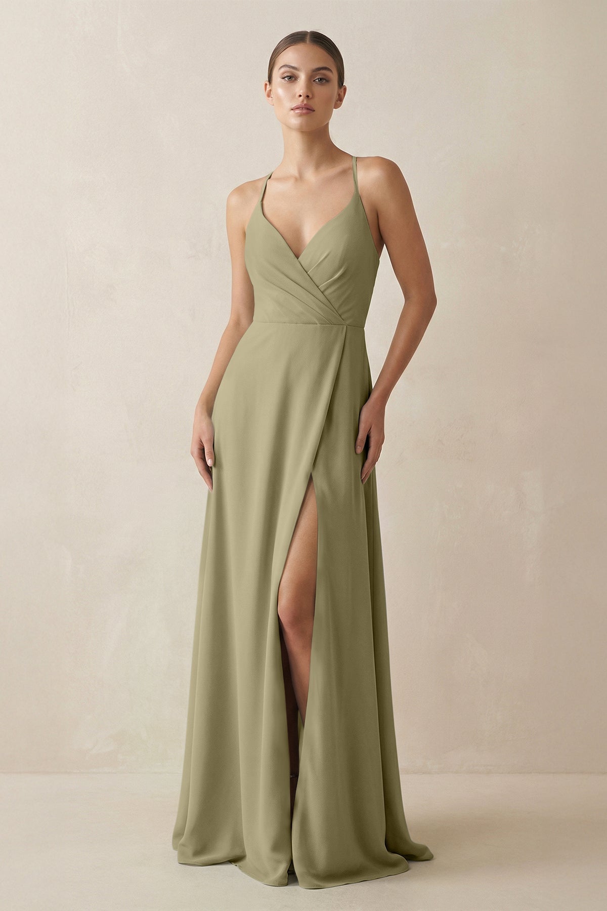 A - Line Chiffon Long Bridesmaid Dress With Slit in Thyme - SHE IS ME