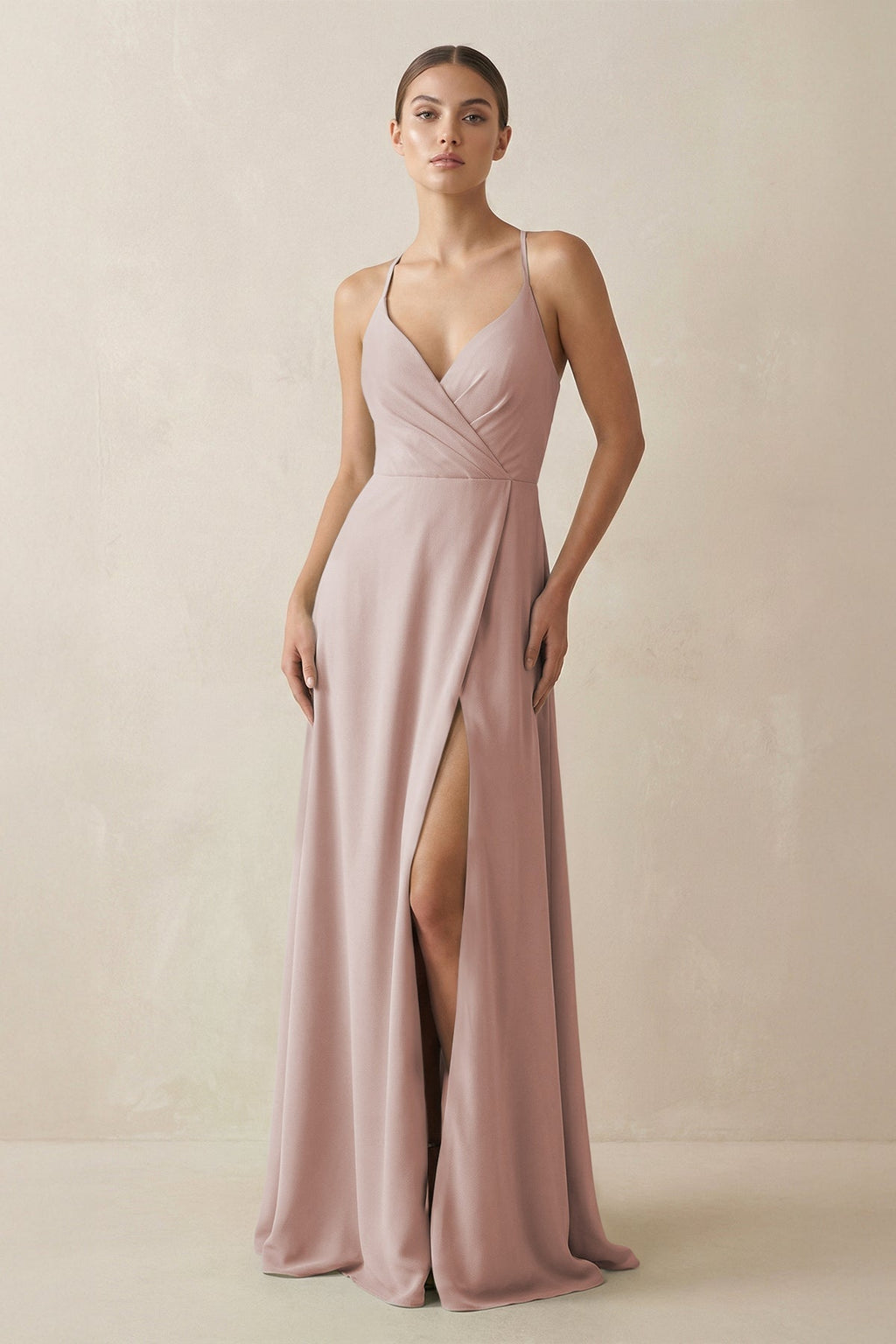 A - Line Chiffon Long Bridesmaid Dress With Slit in Toffee - SHE IS ME