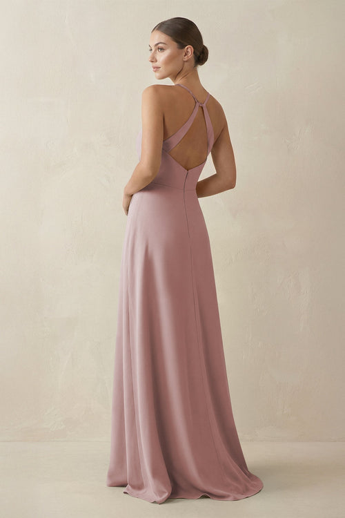 A - Line Chiffon Long Bridesmaid Dress With Slit in Toffee - SHE IS ME