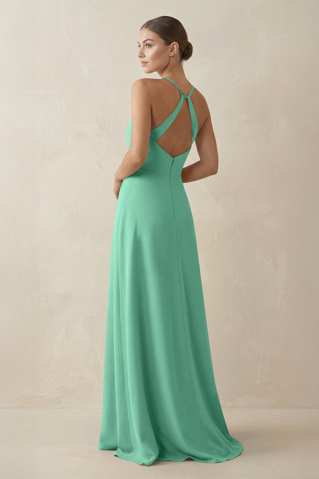 A - Line Chiffon Long Bridesmaid Dress With Slit in Turquoise - SHE IS ME