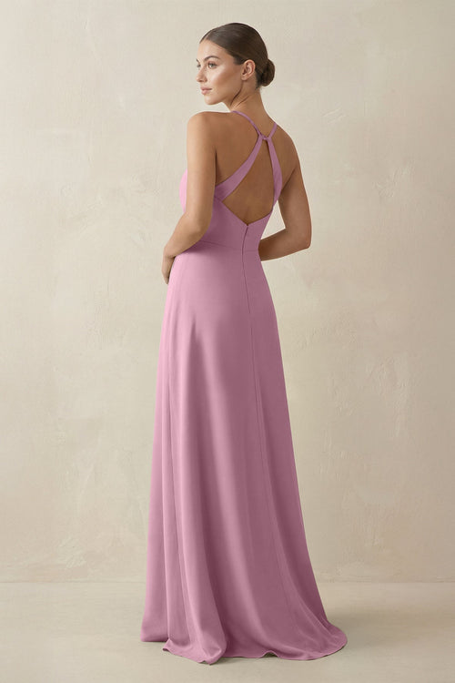A - Line Chiffon Long Bridesmaid Dress With Slit in Vintage Mauve - SHE IS ME