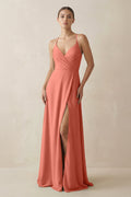A - Line Chiffon Long Bridesmaid Dress With Slit in Wild Rose - SHE IS ME