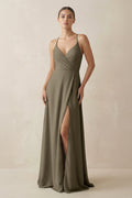 A - Line Chiffon Long Bridesmaid Dress With Slit in Willow Green - SHE IS ME