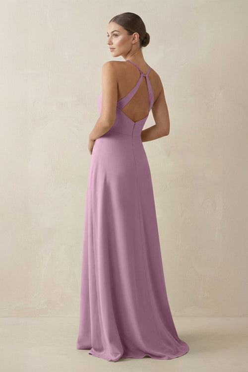 A - Line Chiffon Long Bridesmaid Dress With Slit in Wisteria - SHE IS ME