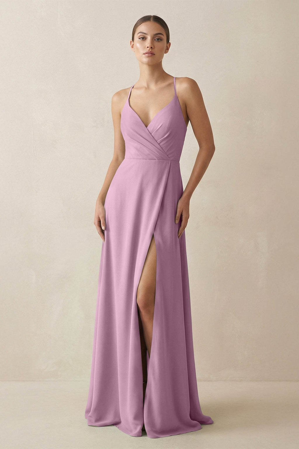 A - Line Chiffon Long Bridesmaid Dress With Slit in Wisteria - SHE IS ME